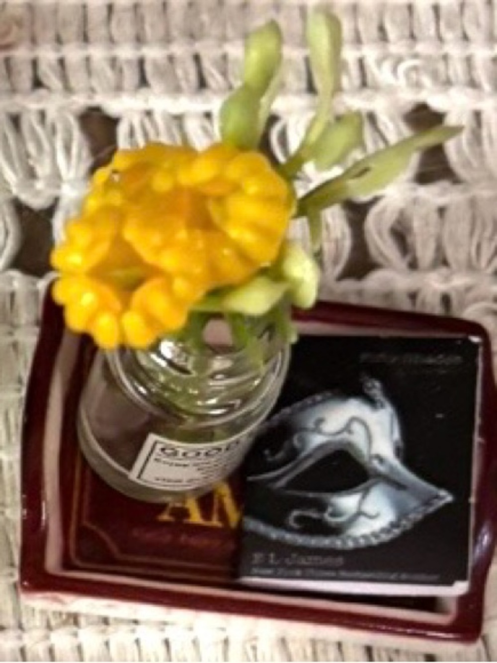 Miniature tray with book and flowers